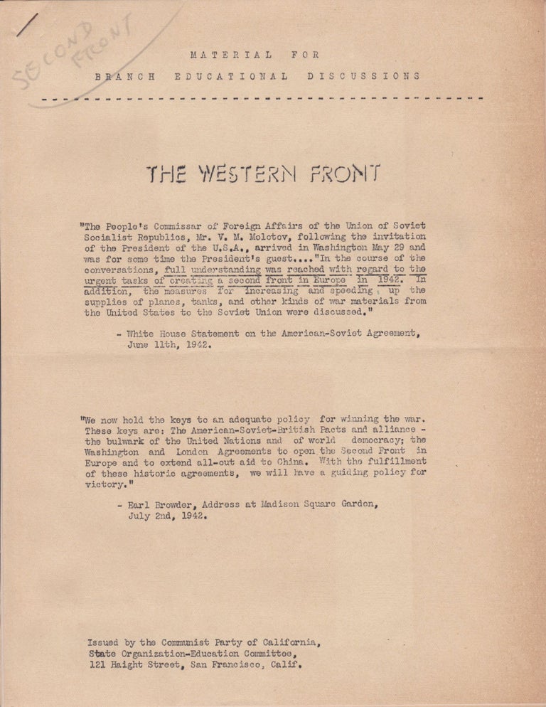 Item #1279 The Western Front: Material for Branch Educational Discussions. Communist Party of California.