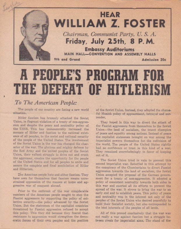 Item #1284 A People's Program for the Defeat of Hitlerism. U. S. A. Communist Party.