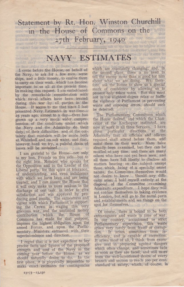 Item #1535 Navy Estimates: Statement by Rt. Hon. Winston Churchill in the House of Commons on the 27th February, 1940. Winston Churchill.