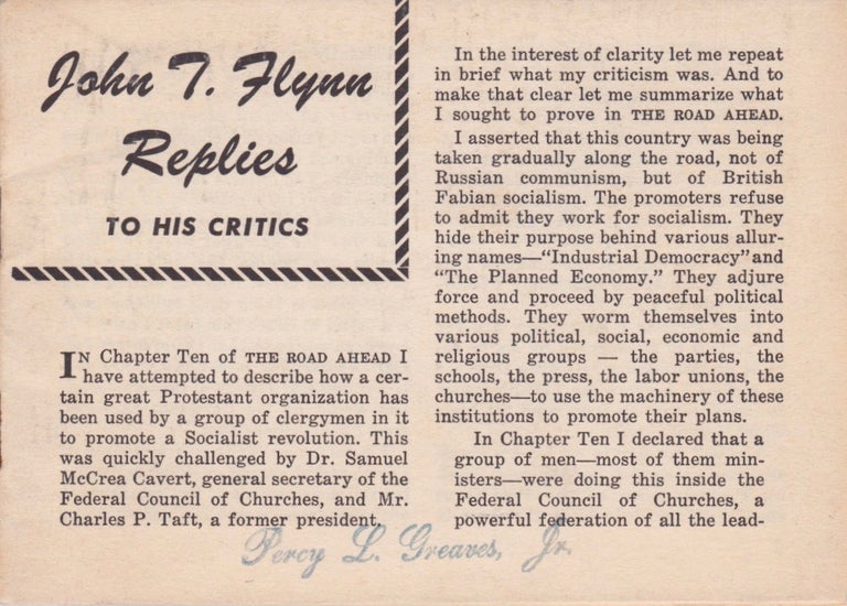 Item #1962 John T. Flynn Replies to His Critics. John T. Flynn.