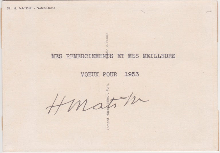 Item #2066 Mes Remerciments et Mes Meilleurs Voeux Pour 1953." Henri Matisse.