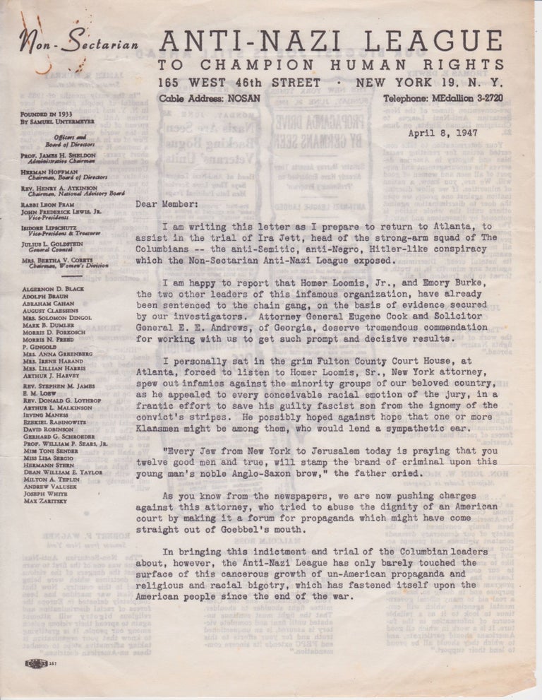 Item #2180 [Letter about a neo-Nazi group]. James H. Sheldon.